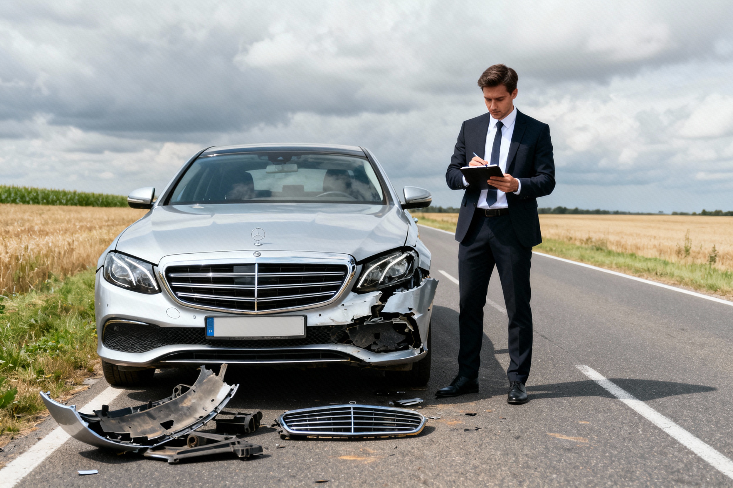 Elegant gekleideter Kfz-Sachverständiger steht auf einer Landstraße neben einem silbernen Unfallfahrzeug mit beschädigter Front und hält ein Klemmbrett in der Hand, während er die Schäden für ein Unfallgutachten dokumentiert.