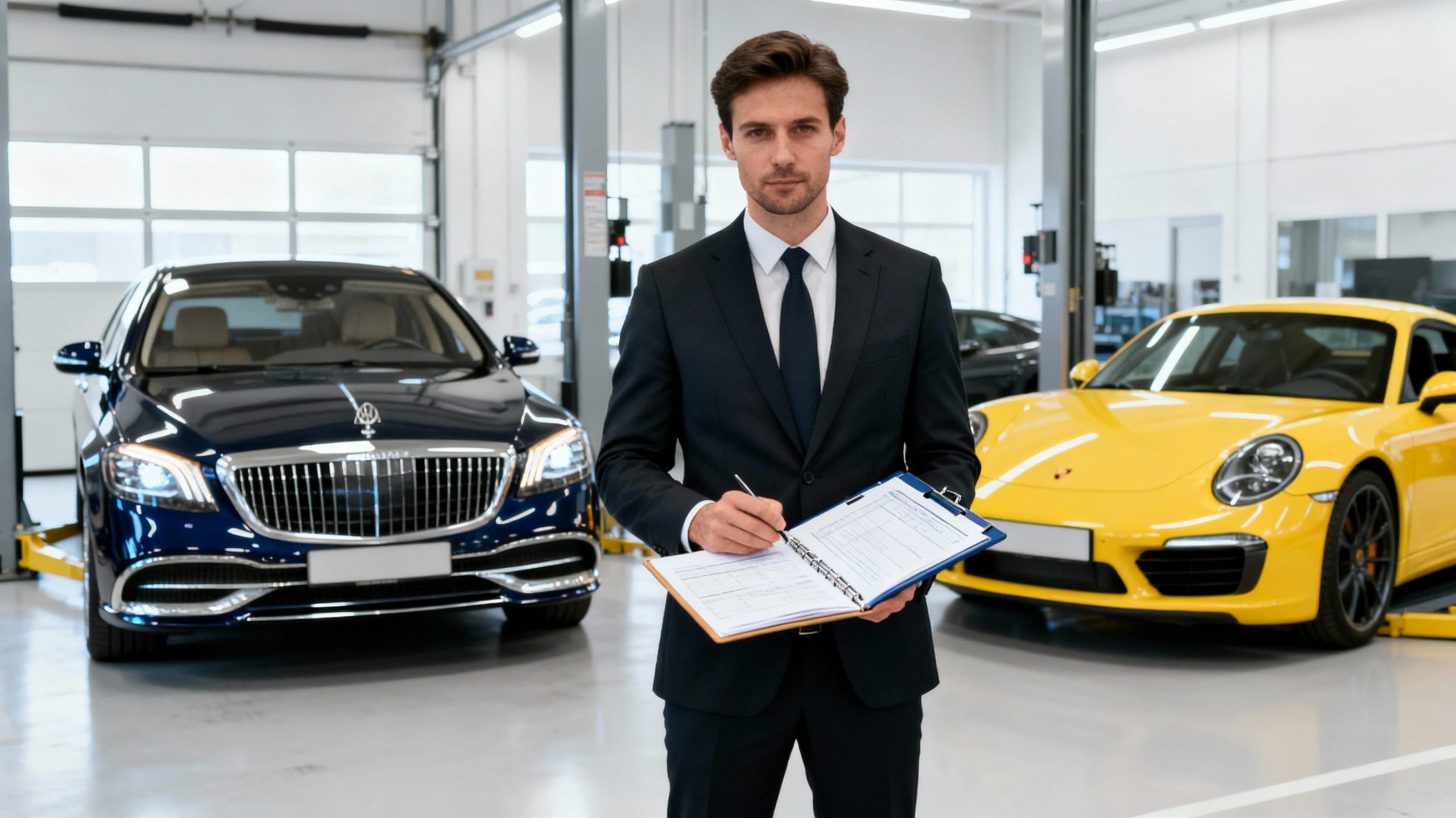 Kfz-Sachverständiger im dunklen Anzug steht in einer hell beleuchteten Werkstatt zwischen einem blauen Maybach und einem gelben Porsche 911 und hält ein Klemmbrett mit Gutachtenunterlagen in der Hand.
