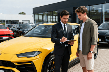 Elegant gekleideter Kfz-Sachverständiger im dunklen Anzug steht mit einem jungen Leasingnehmer neben einem gelben Lamborghini Urus vor einem Autohaus und füllt auf einem Klemmbrett das Leasing-Rücknahmeprotokoll aus.