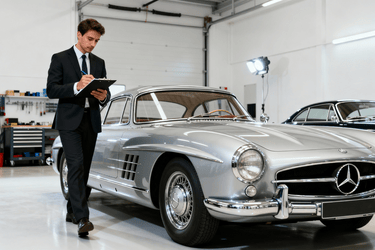 legant gekleideter Kfz-Sachverständiger in dunklem Anzug begutachtet in einer hell beleuchteten Premium-Garage einen silbernen Mercedes 300 SLR und notiert die Daten für ein Wertgutachten auf einem Klemmbrett.